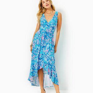Lilly Pulitzer Moana Wrap Maxi Dress in Amalfi Blue Sound The Sirens, sz Large